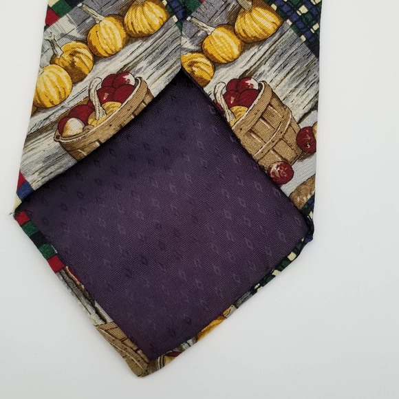 Mens Neck Tie Fall Autumn Harvest Pumpkins Apples Halloween Plaid Farm - Picture 8 of 8